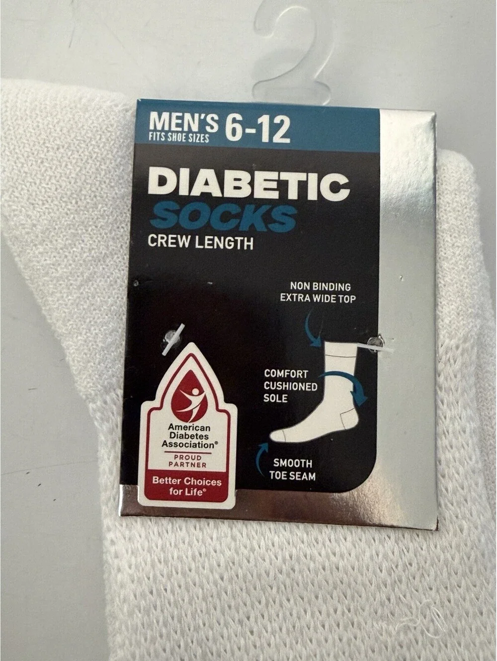 Mens Diabetic Socks Crew Length Size 6-12 White 2 Pair